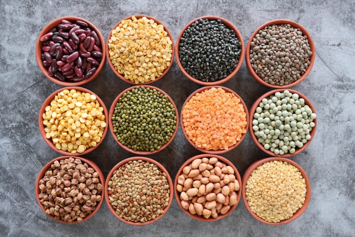 Assorted dried pulses and legumes in bowls